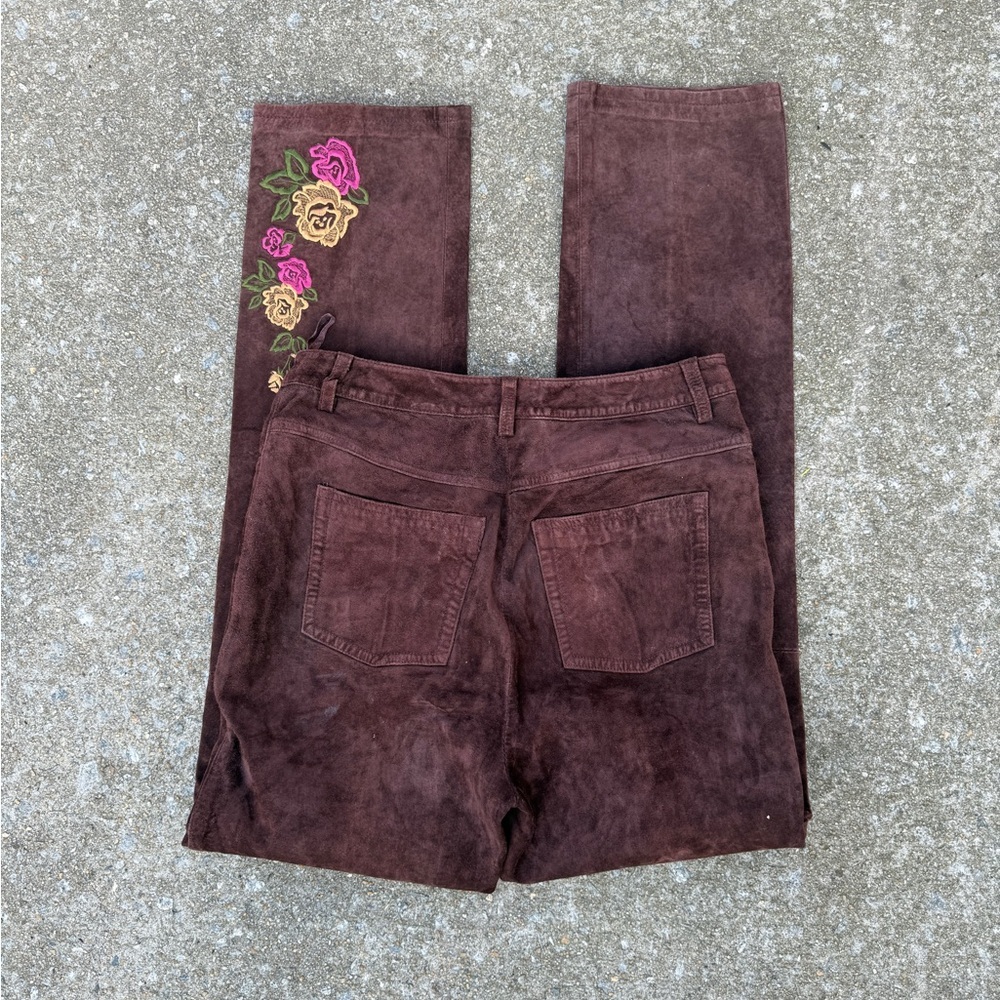 Vintage Newport News 90s Brown Leather Suede Embroidered Floral Pants Size 10